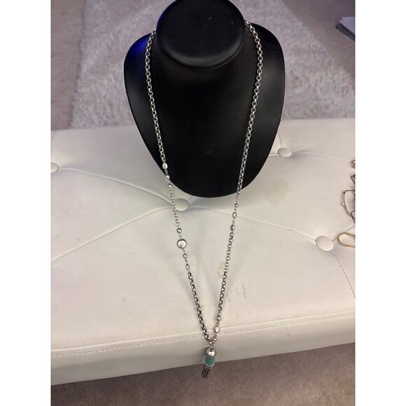 Chicos Turquoise & Silver Tassel Necklace With Chain & Bead Accents Long - Picture 12 of 13
